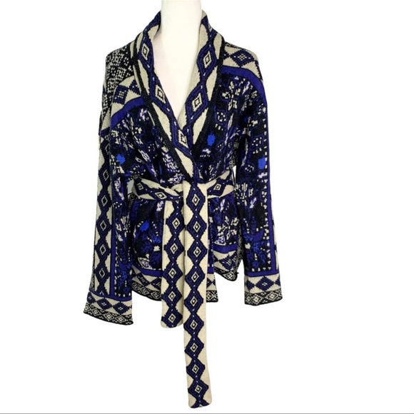 FARM Rio Sweaters - Farm Rio Black Macaw Forest Belted Wrap Cardigan with Brad Fringe